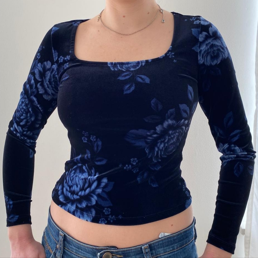 Floral Navy Blue Velvet Women's Top